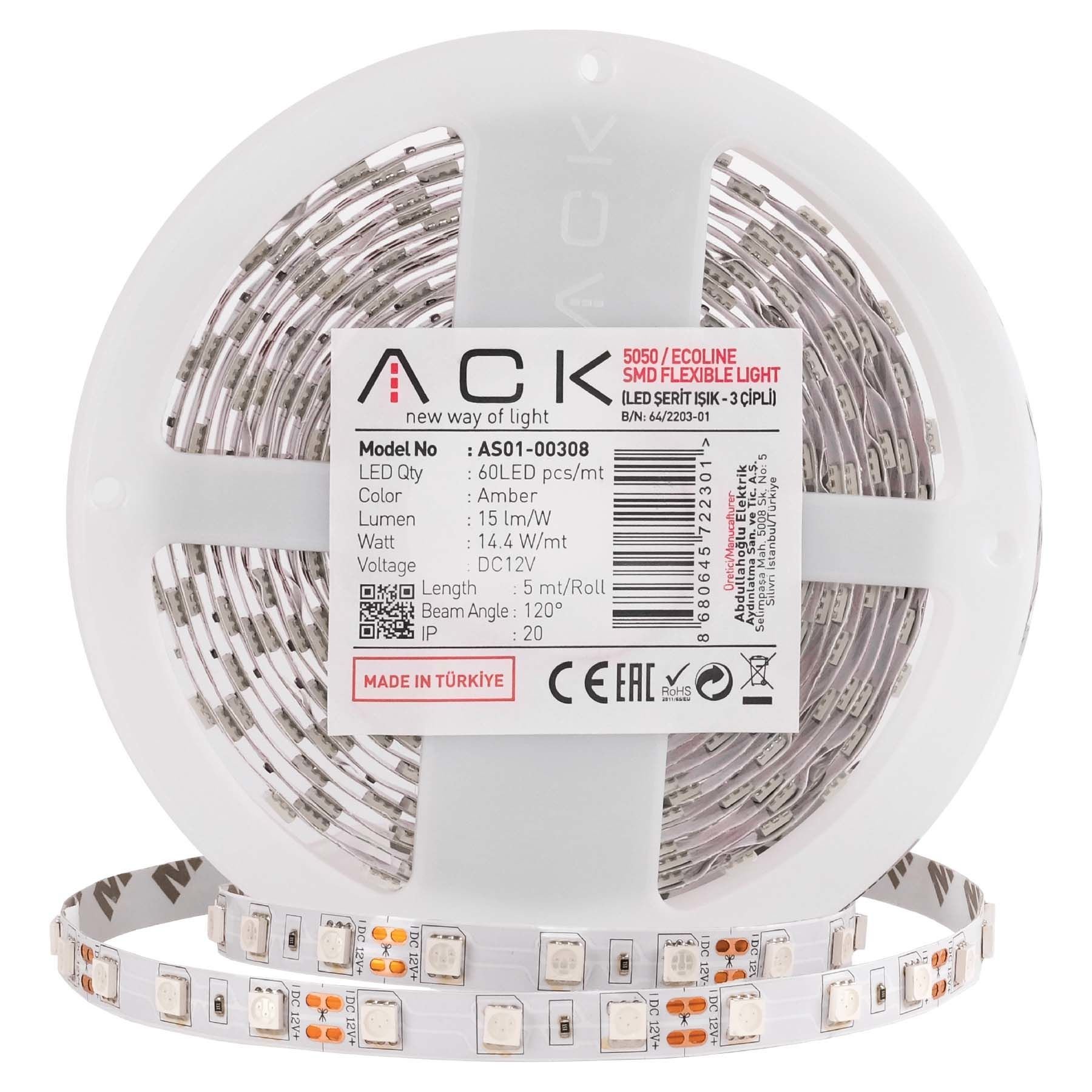 ACK Üç Çip 60 Led Amber Silikonsuz Şerit Led AS01-00308
