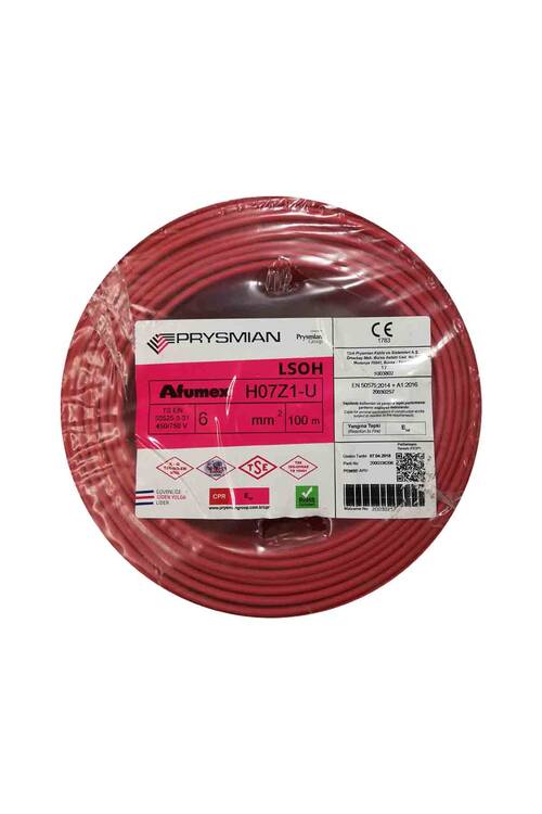 Prysmian 6mm Kırmızı Nya Tek Telli Yanmaz Halojen Free Kablo - H07Z1-U